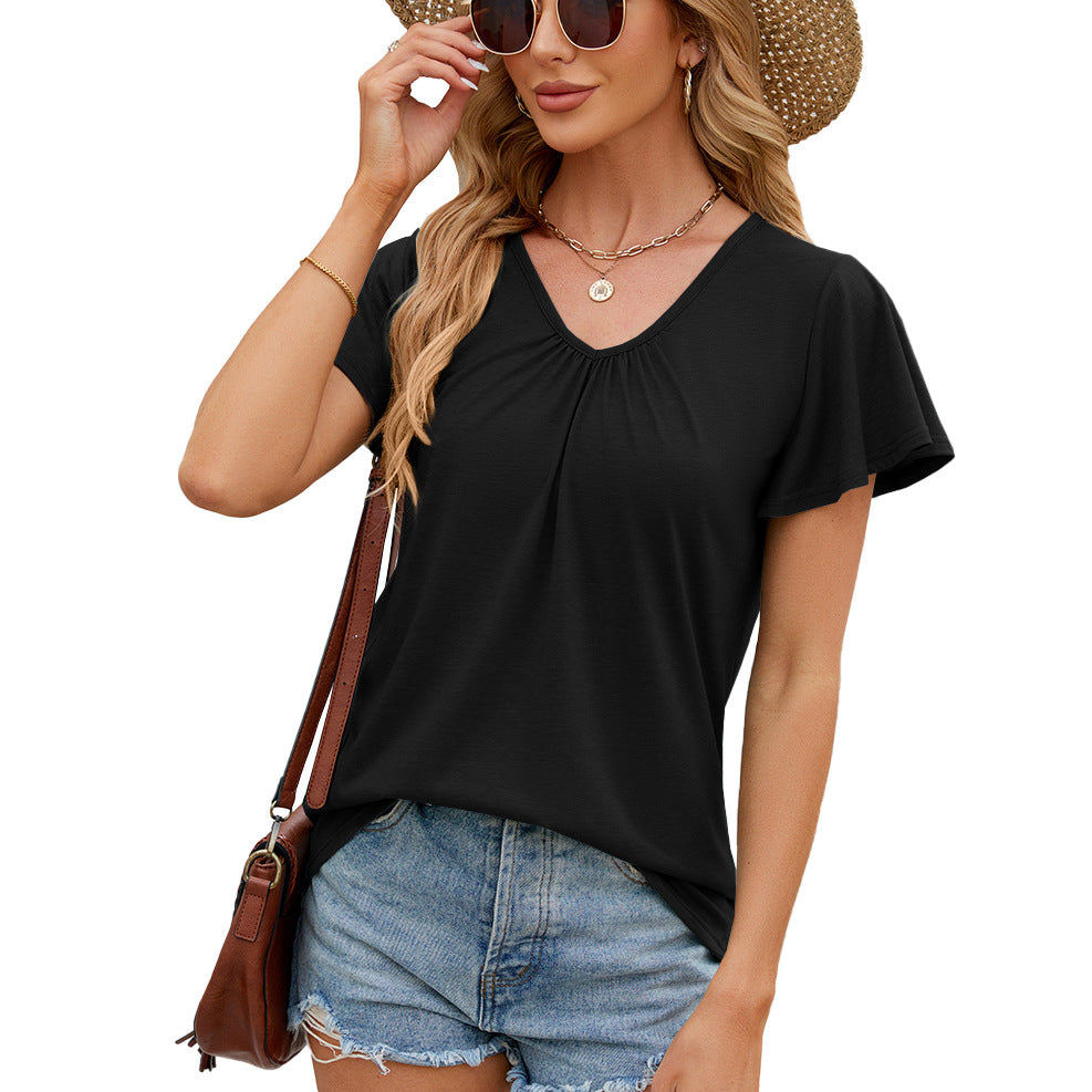 Damen V-Ausschnitt T-Shirt mit feiner Raffung und luftigen Ärmeln WW