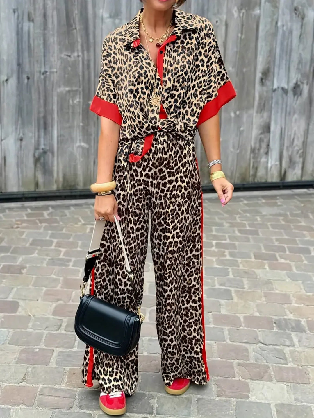 Damen elegante und bequeme Leinen-Jumpsuit mit Leopardenmuster und Kontraststreifen W&W Mode