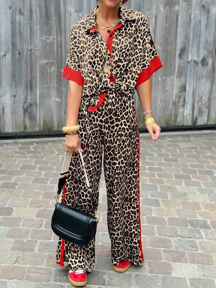 Damen elegante und bequeme Leinen-Jumpsuit mit Leopardenmuster und Kontraststreifen W&W Mode