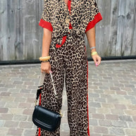 Damen elegante und bequeme Leinen-Jumpsuit mit Leopardenmuster und Kontraststreifen WW