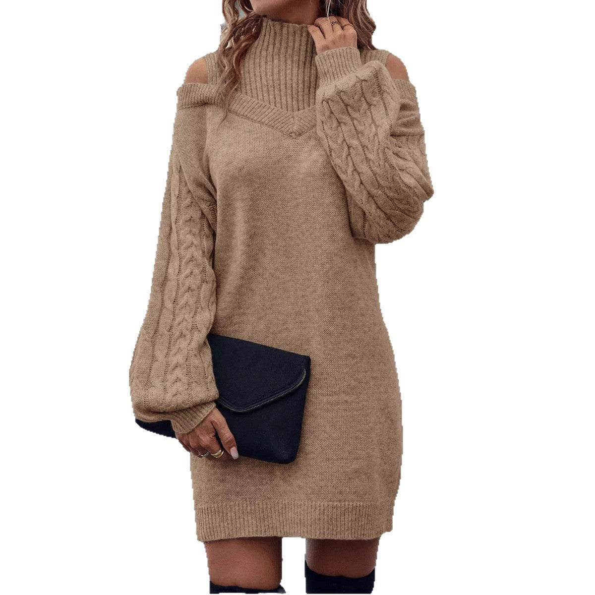 Damen Strickkleid mit hochgeschlossenem Kragen und offener Schulterpartie WW
