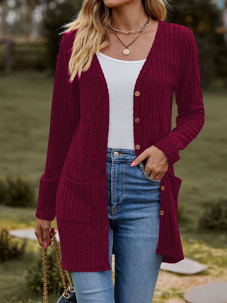 Damen Strickjacke mit elegantem Rippenmuster und praktischen Taschen WW