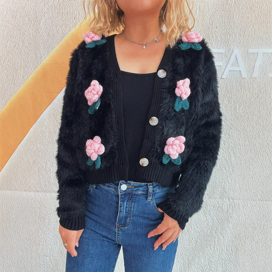 Damen Strickjacke mit floralen Applikationen und weichem Material WW