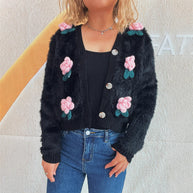Damen Strickjacke mit floralen Applikationen und weichem Material WW