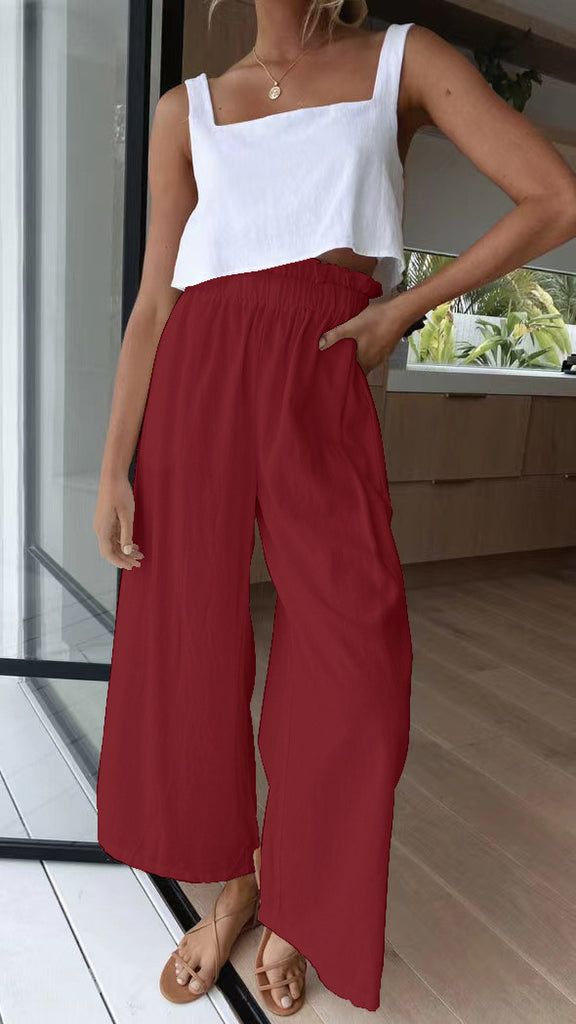 Damen Hochtaillierte Palazzo-Hose mit elastischem Bund und seitlichen Taschen WW