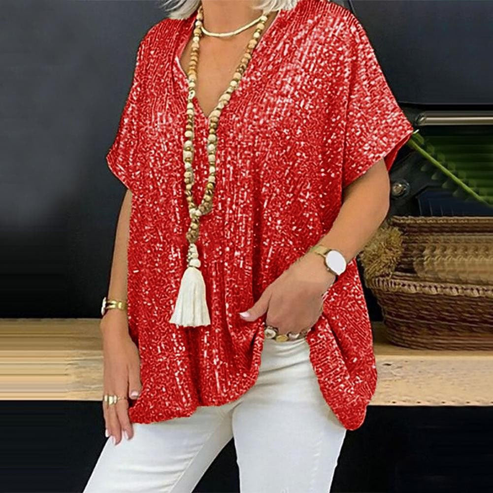 Damen Funkelndes Oberteil mit elegantem V-Ausschnitt und leichtem Schnitt W&W Mode