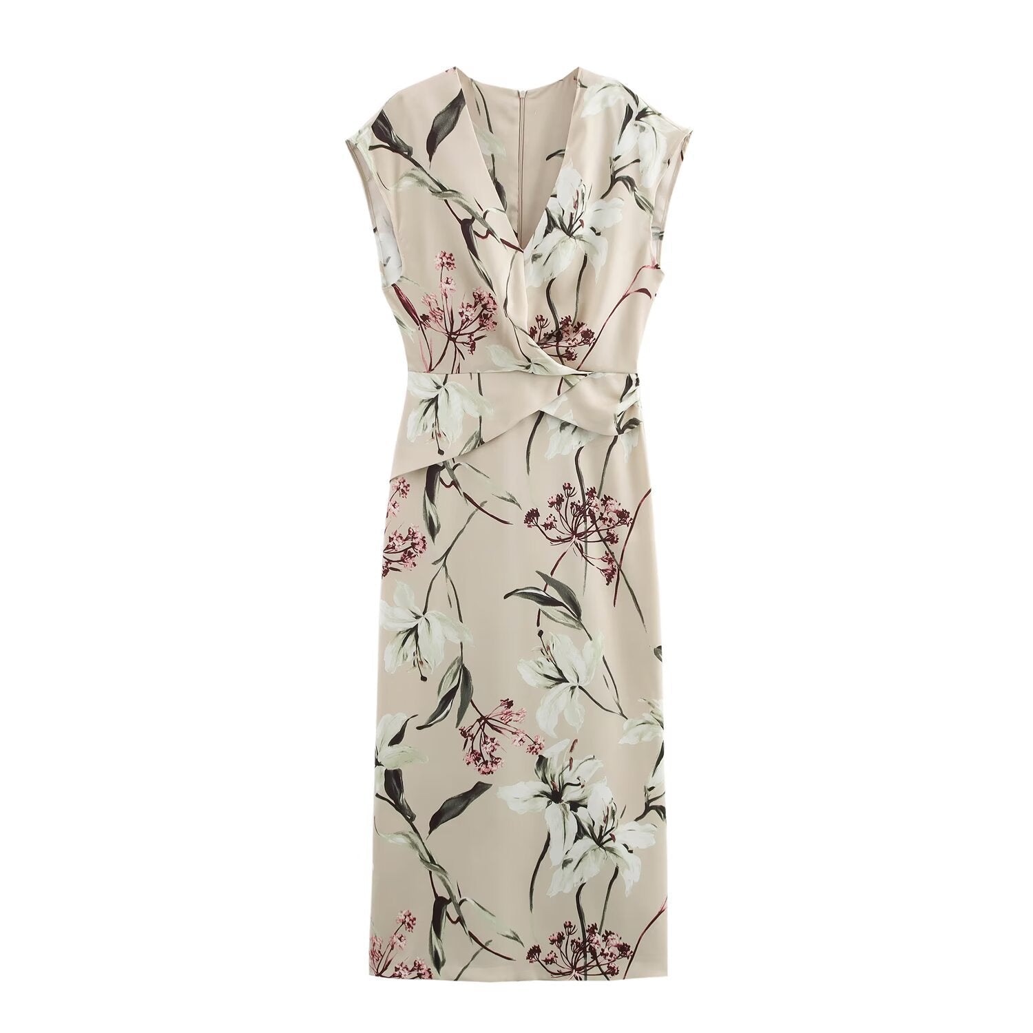 WW | V-Ausschnitt Texturiertes Floral-Print Midi-Kleid