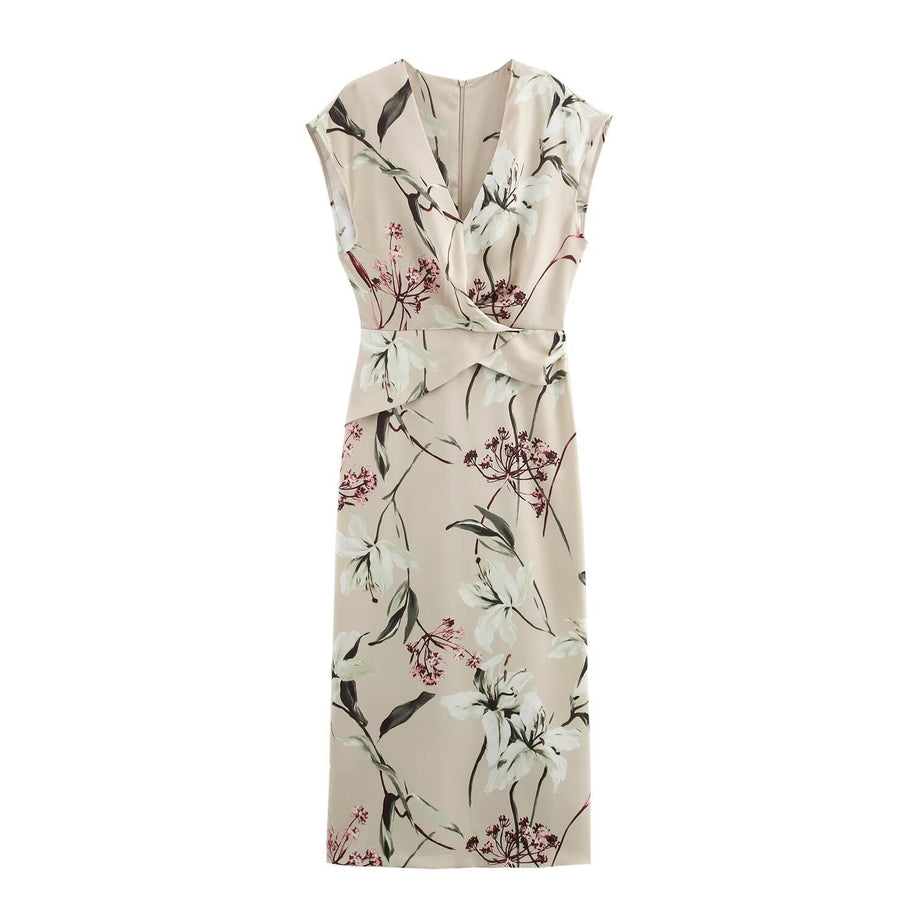 WW | V-Ausschnitt Texturiertes Floral-Print Midi-Kleid