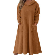 Damen Kuscheliger Fleece-Kleid mit Kapuze und praktischen Taschen WW