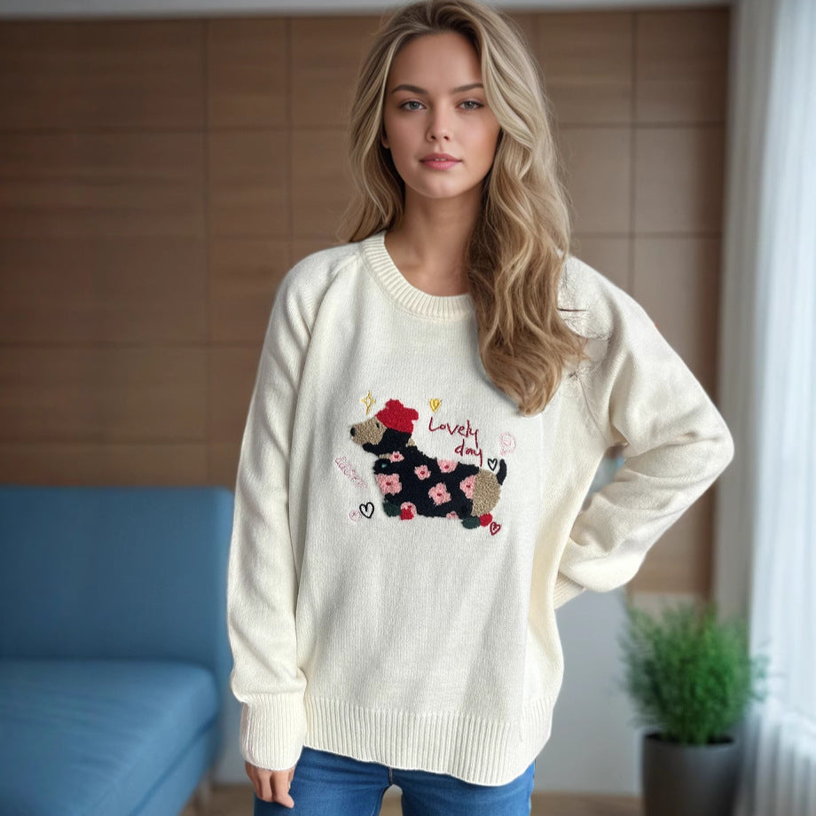 Damen Pullover mit tierischem Motiv und dekorativen Stickereien WW