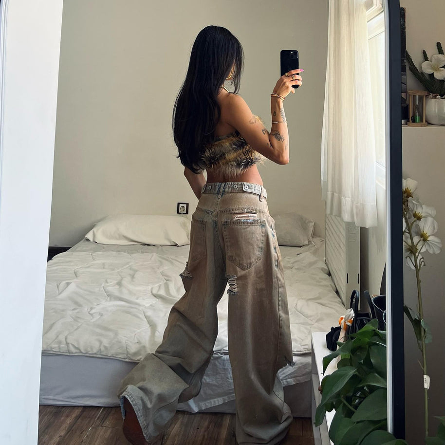 Damen Baggy Jeans mit ausgefranstem Saum und used Look WW