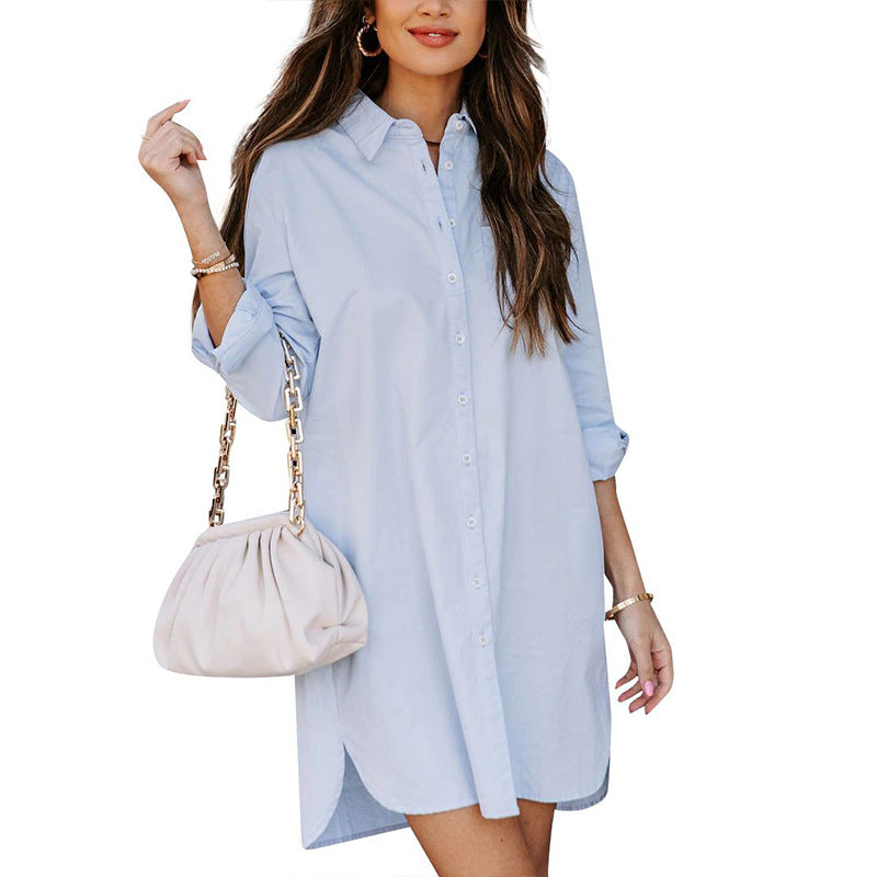 Damen Hemdblusenkleid mit praktischen Taschen und abgerundetem Saum W&W Mode