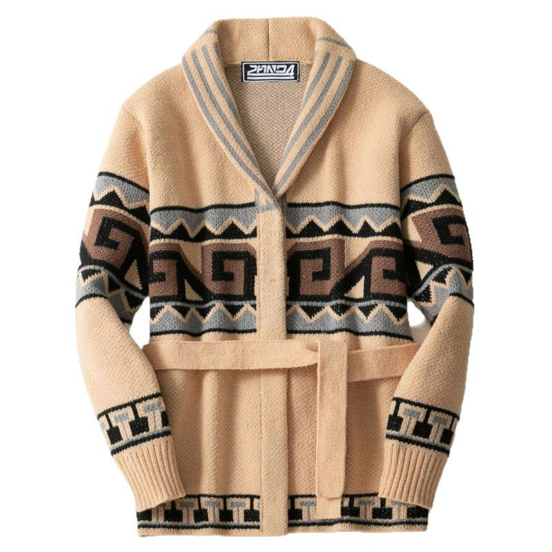 Damen Strickjacke mit grafischem Muster und Gürtel WW