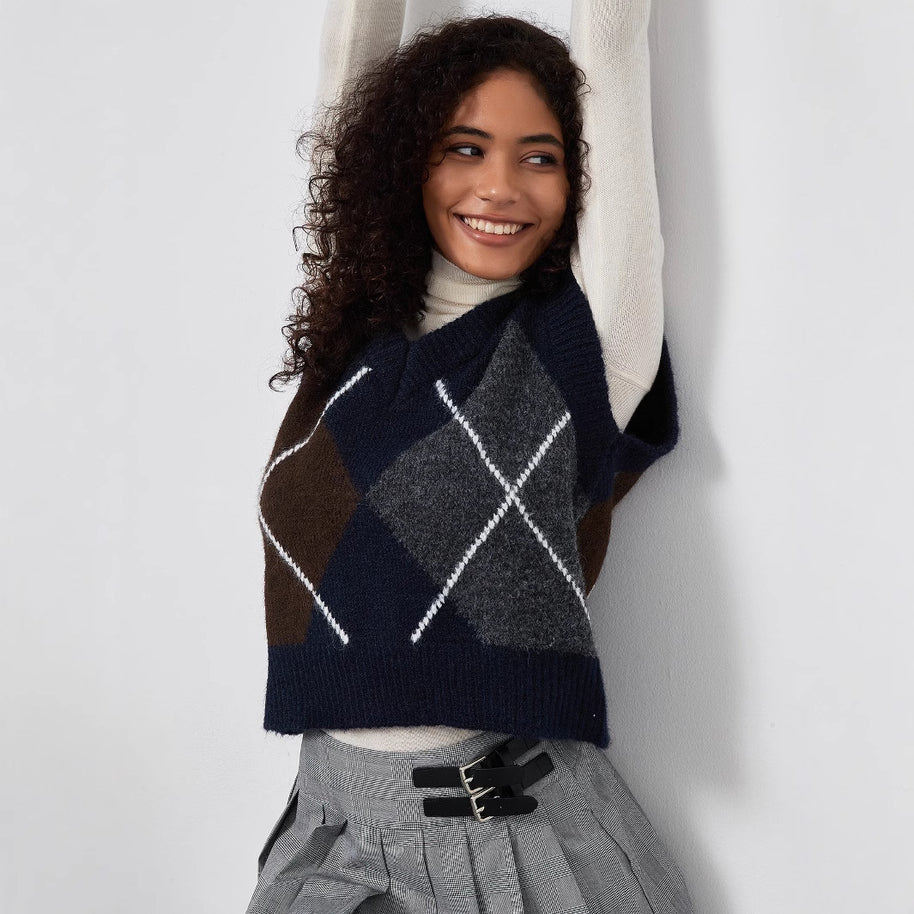 Damen Strickpullover mit modernem Rautenmuster WW