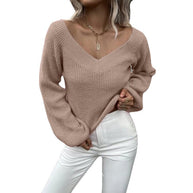 Damen Strickpullover mit V-Ausschnitt und weitem Ärmel WW