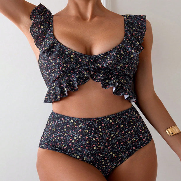 Damen Rüschene Floral-Print Crop-Bikini-Set WW