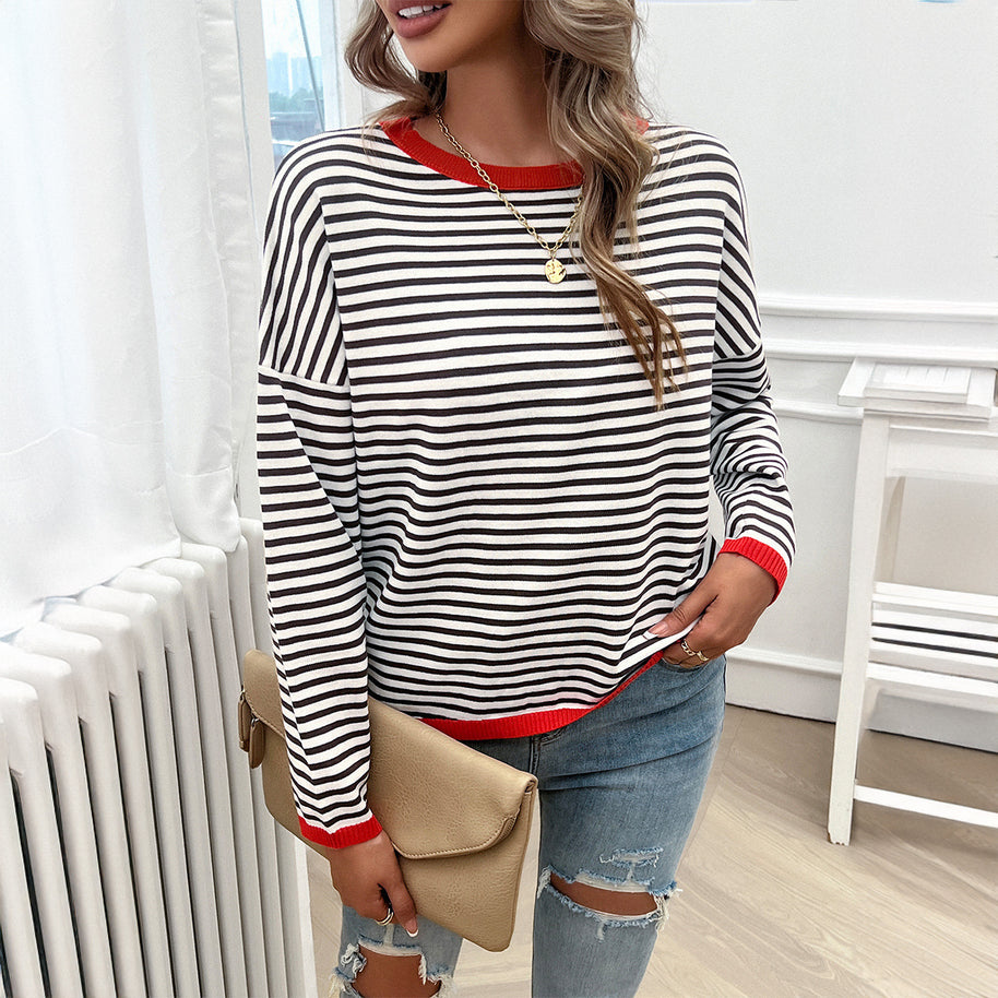 Damen lässiger Streifenpullover mit farbigen Akzenten WW