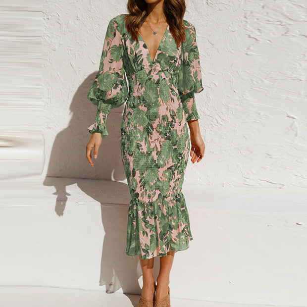 Damen Blütenmuster Kleid mit voluminösen Ärmeln WW