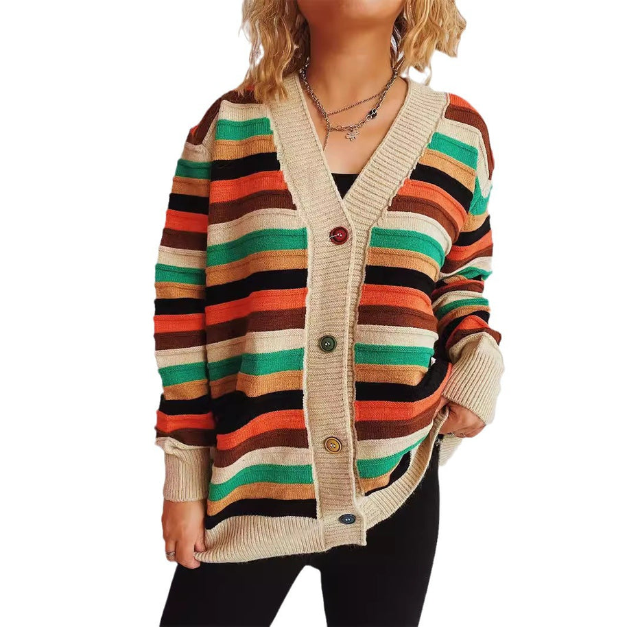 Damen Strickjacke mit buntem Streifenmuster und knöpfbarem Design WW