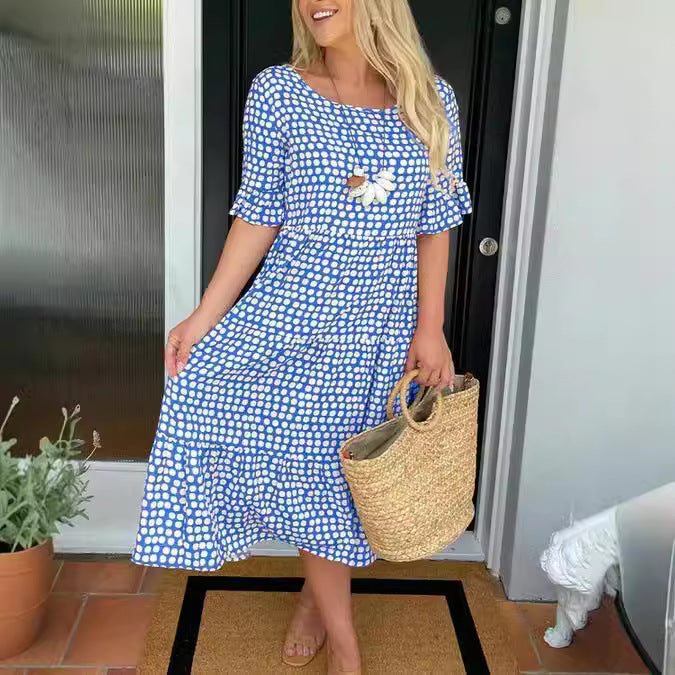 W&W Mode | Sommer Rundhals Bedrucktes Kurzarmkleid