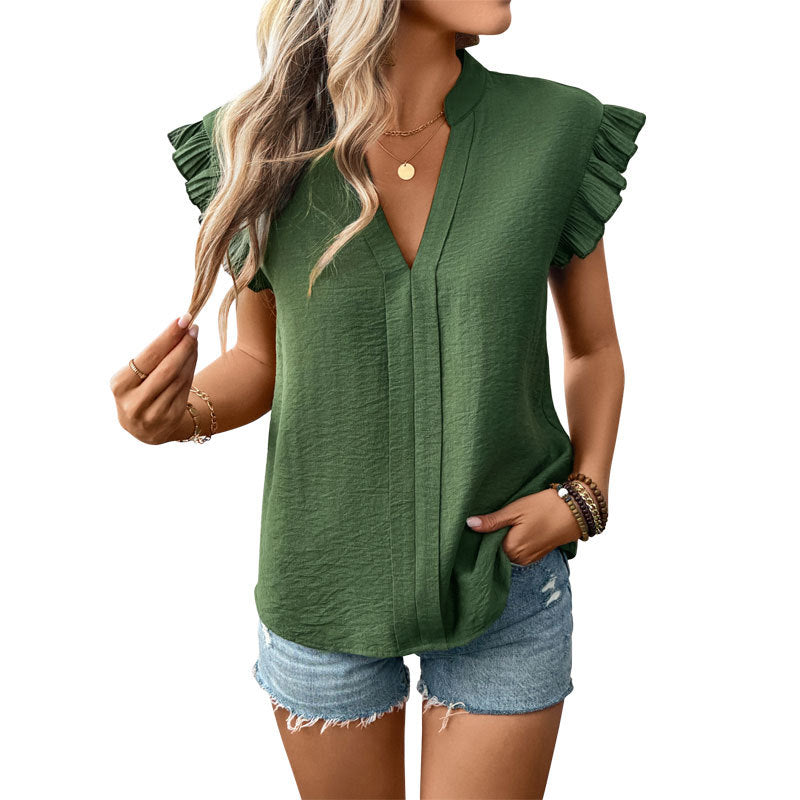 Damen Bluse mit voluminösen Rüschenärmel und eleganter V-Ausschnitt WW