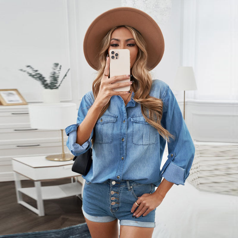 Damen Denim-Hemdbluse mit praktischen Brusttaschen und klassischem Schnitt WW