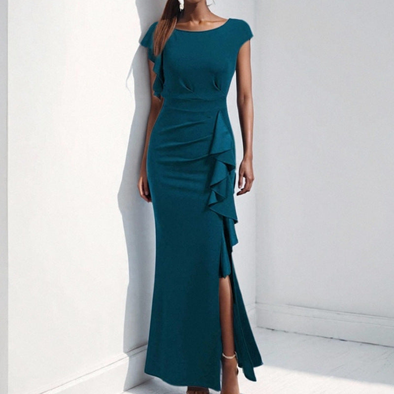Damen Etuikleid mit asymmetrischen Volants und hohem Schlitz W&W Mode