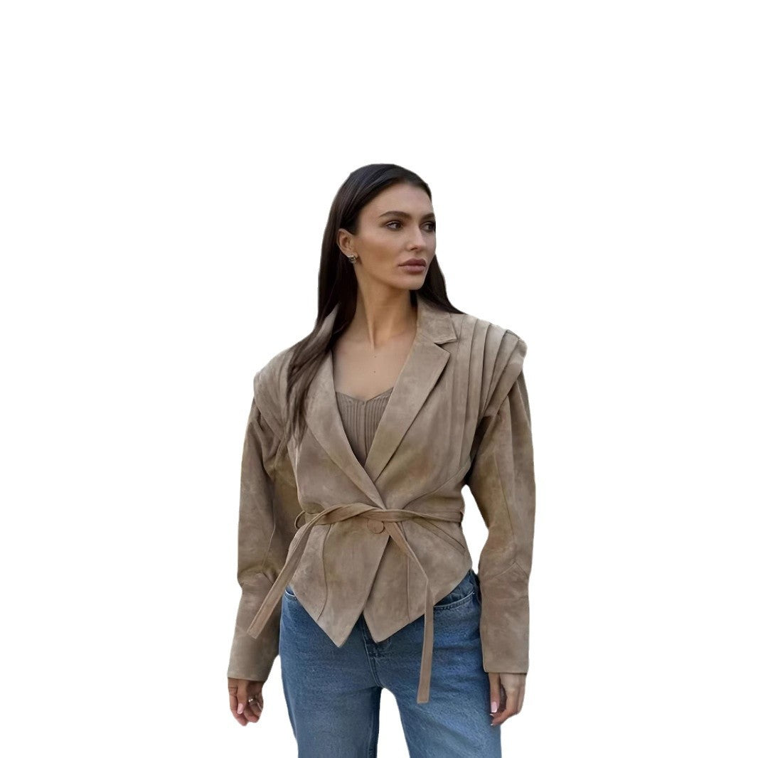 Damen schicke Wollblazerjacke mit Taillengürtel WW