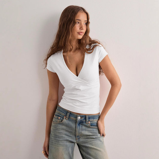 Damen figurbetontes T-Shirt mit elegantem V-Ausschnitt WW