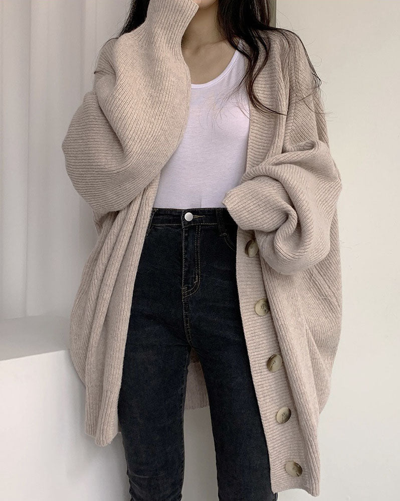 WW V-Ausschnitt einreihig lockerer Laternenärmel Strickcardigan