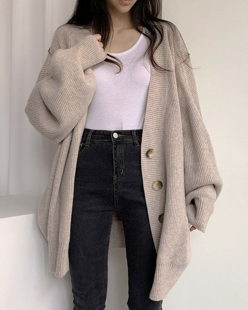 WW V-Ausschnitt einreihig lockerer Laternenärmel Strickcardigan