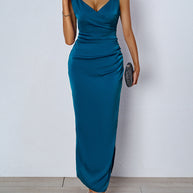 Damen figurbetontes Abendkleid mit V-Ausschnitt und elegantem Drapierungsdesign WW