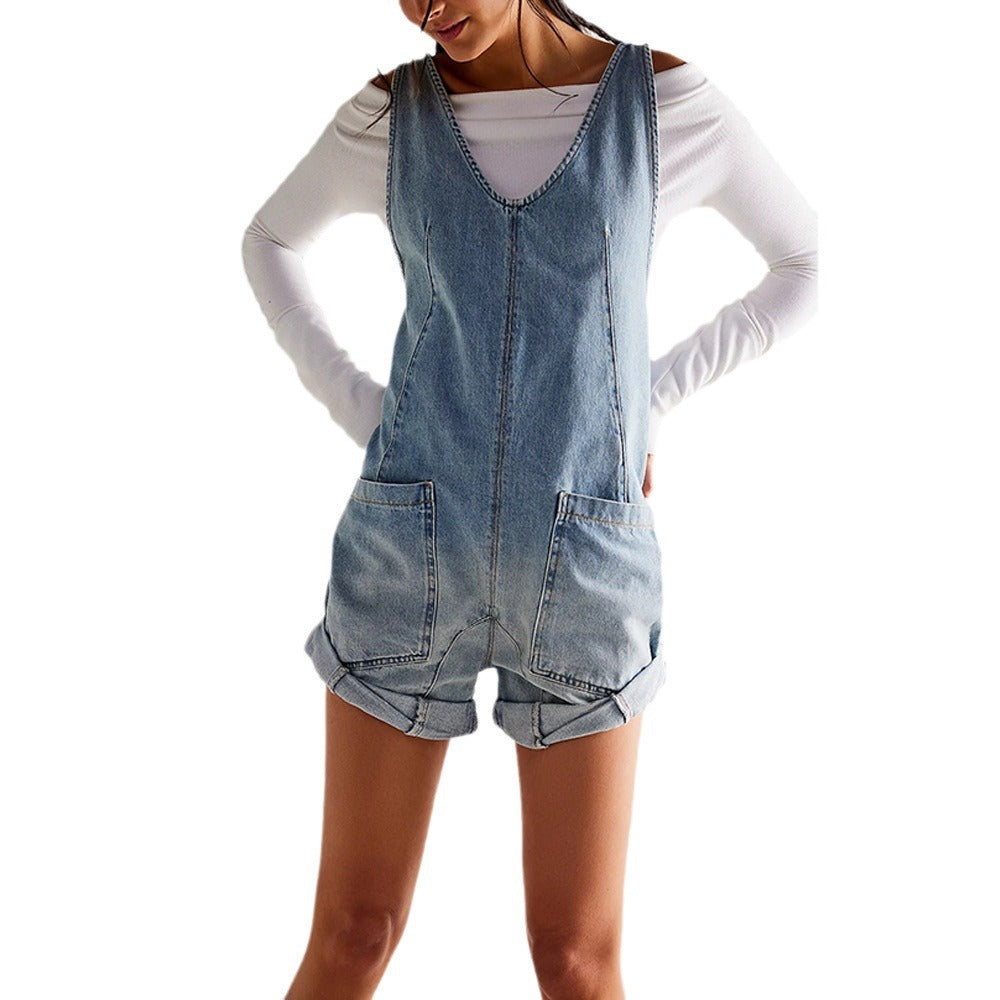 WW | Gewaschene Denim Adjustable Strap Shorts Jumpsuit