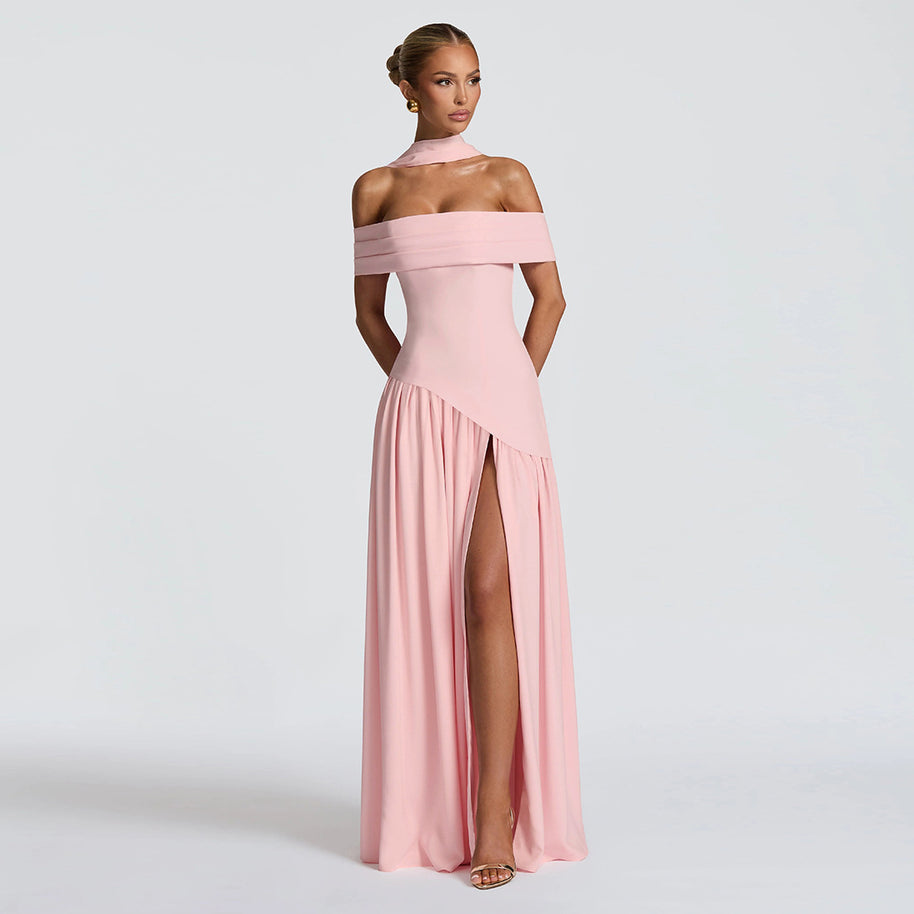 Damen Abendkleid mit schickem Schulterfreies Design und hohem Schlitz WW