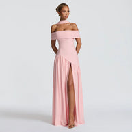Damen Abendkleid mit schickem Schulterfreies Design und hohem Schlitz WW