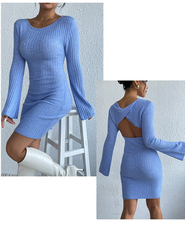 WW | Langärmliges Trompetenärmel Offener Rücken Strickkleid