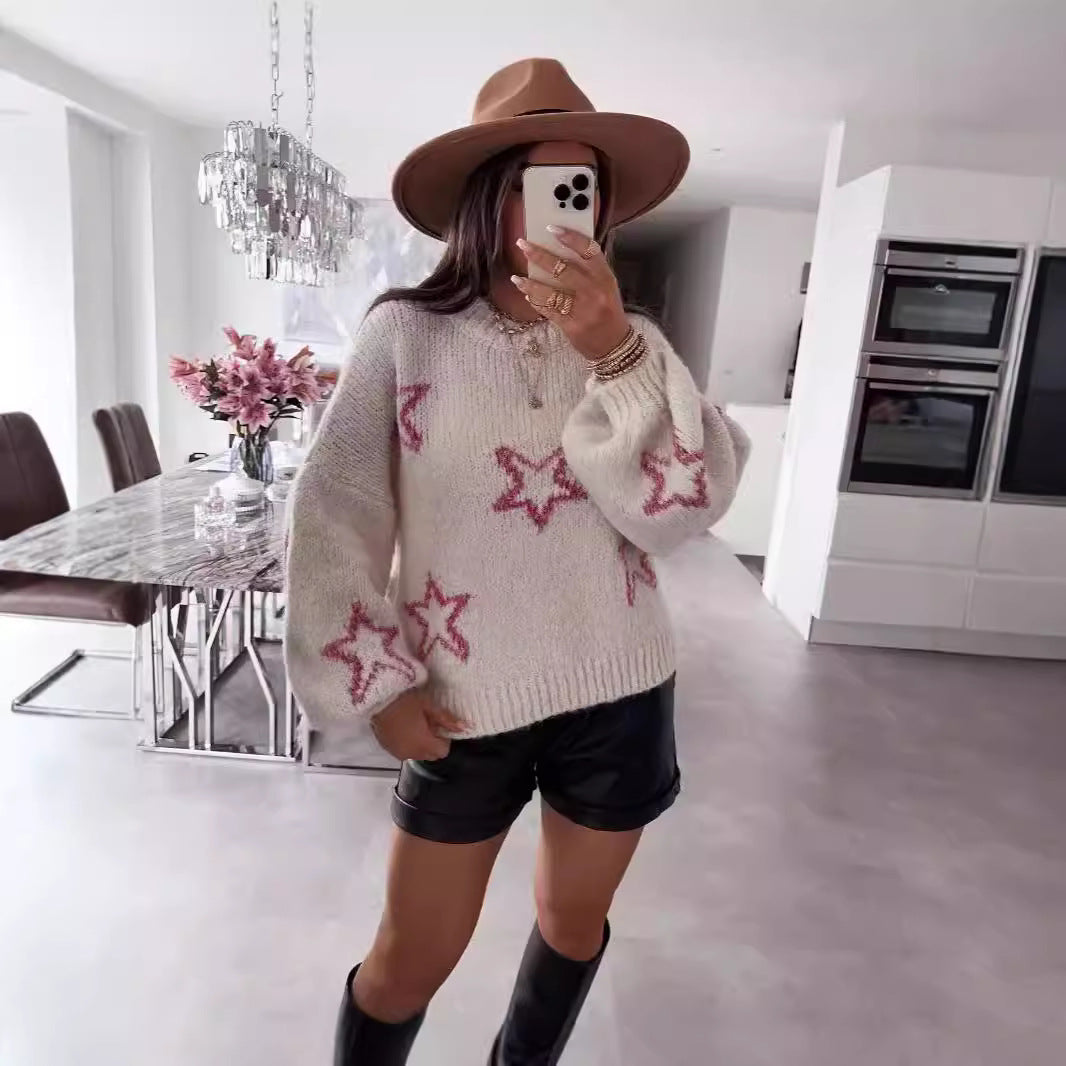 Damen Strickpullover mit Sternen-Design und weit ausgestellten Ärmeln WW