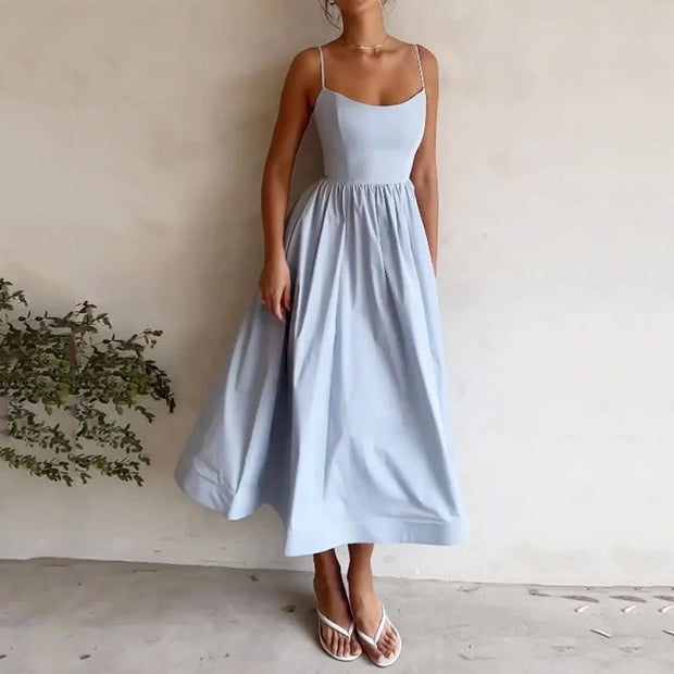 WW | Midi Kleid Spaghettiträger Quadratischer Ausschnitt Ausgestellter Rock Elegante Passform