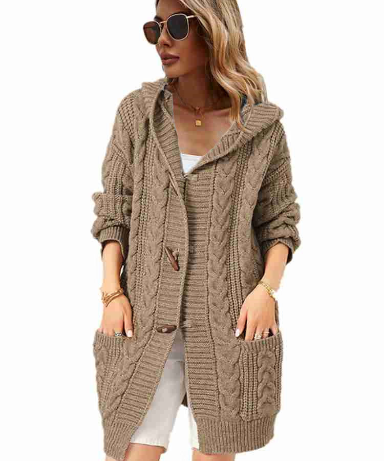 Damen Strickjacke mit Kapuze und Knopfdetails WW