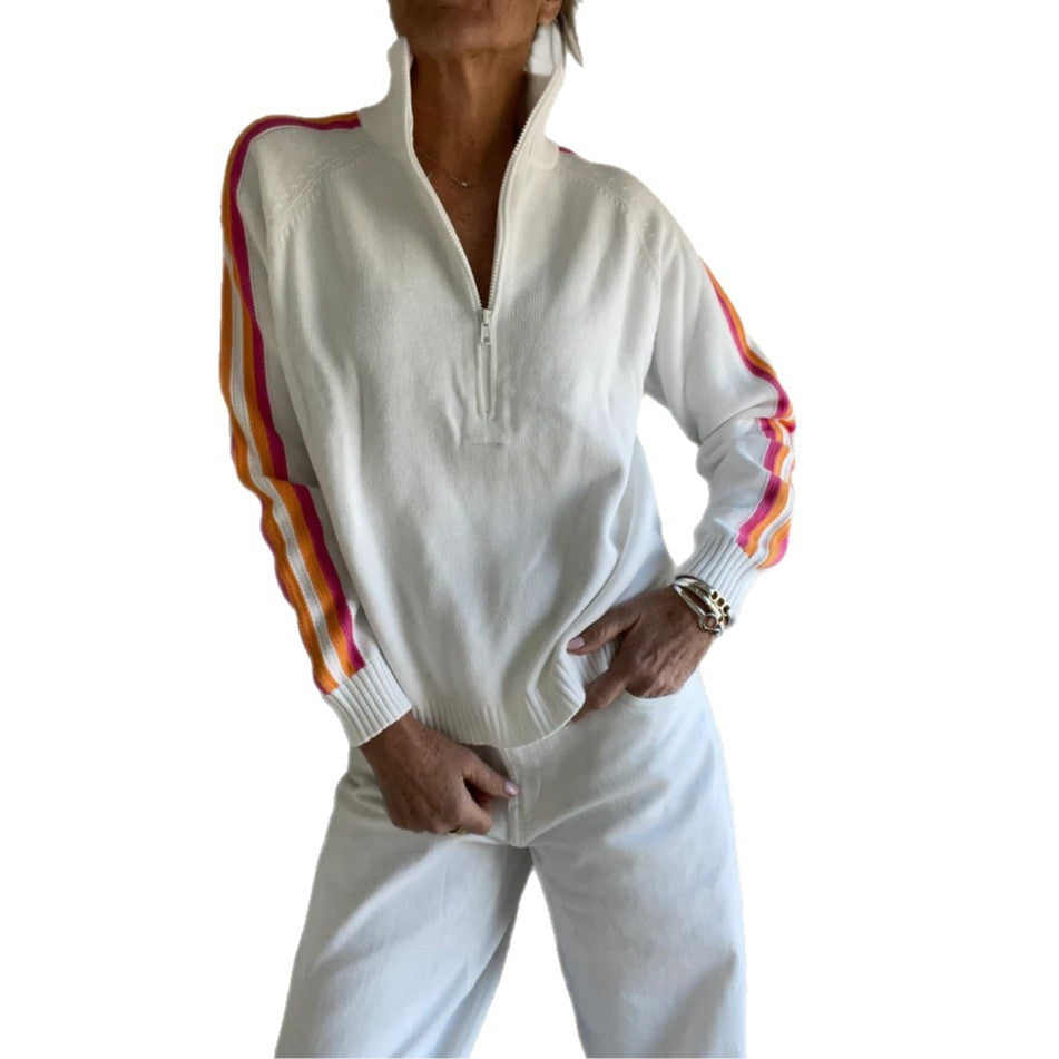 Damen Sportlicher Zip-Pullover mit bunten Streifen WW