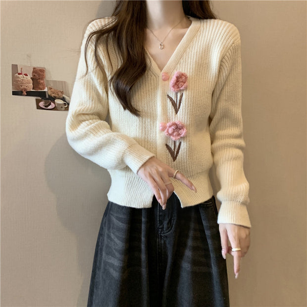 Damen Strickjacke mit floralen Applikationen WW