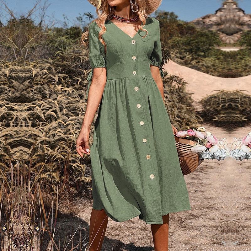 Damen Knielanges Sommerkleid mit V-Ausschnitt und romantischen Knopfdetails WW