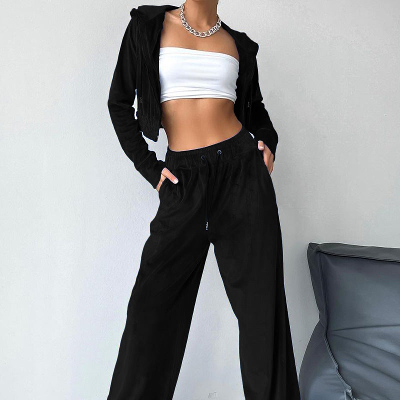 Damen Sportliches Freizeit-Set mit lässiger Kapuzenjacke und weit geschnittenen Hosen WW