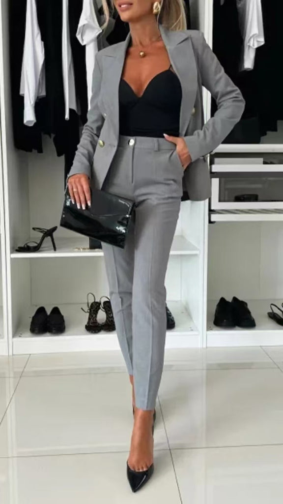 Damen elegantes Business-Anzug-Set mit doppelter Knopfleiste und schmaler Passform WW