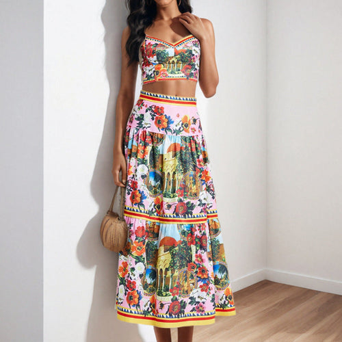 Damen Zweiteiler mit romantischem Cropped-Oberteil und schwingendem Rock W&W Mode