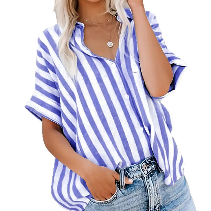 Damen Übergroßes Streifenhemd mit klassischem Kragen und kurzen Ärmeln W&W Mode