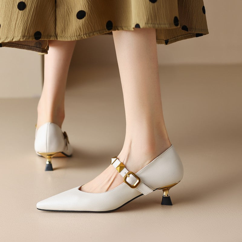 Damen elegante Slingback-Pumps mit goldener Schnalle und spitzem Design WW
