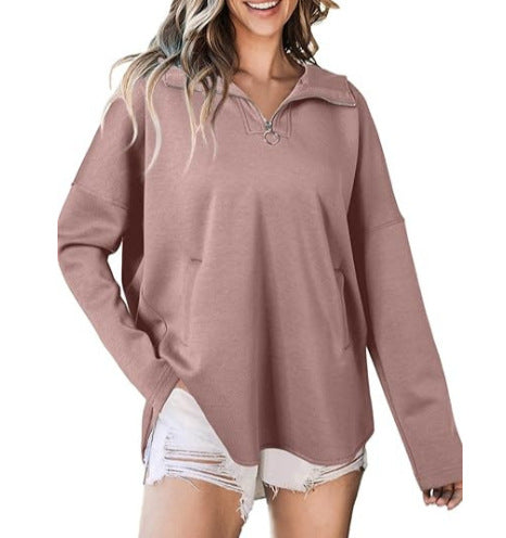 Damen lässiger Oversized Pullover mit halben Reißverschluss und Seitentaschen WW