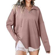 Damen lässiger Oversized Pullover mit halben Reißverschluss und Seitentaschen WW