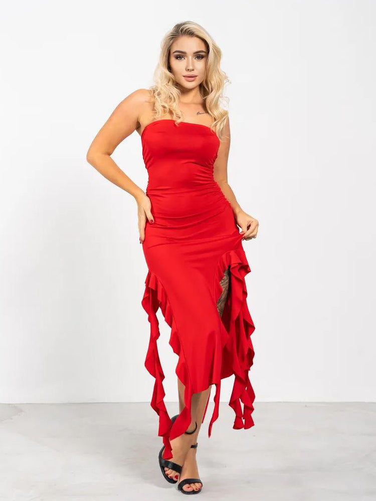 Damen figurbetontes Hochzeitskleid mit elegantem Rüschensaum und Raffungen WW